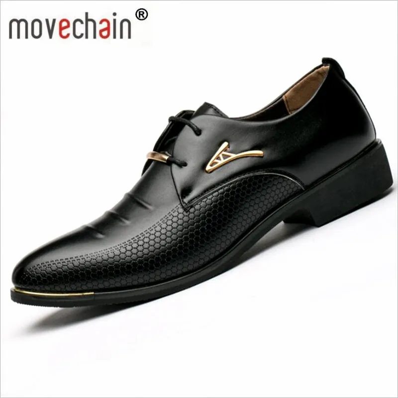 

movechain Fashion Mens Lace-Up Dress Business Shoes Man PU Grain Leather Flats Men's Wedding Party Driving Oxfords Size EU 38-48