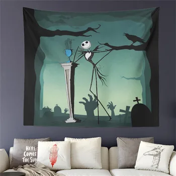 

Halloween Cartoon Zombie Tapestry Couples Skeleton Print Wall Hanging Day of the Dead Horrible Blanket Living Room Wall Carpet