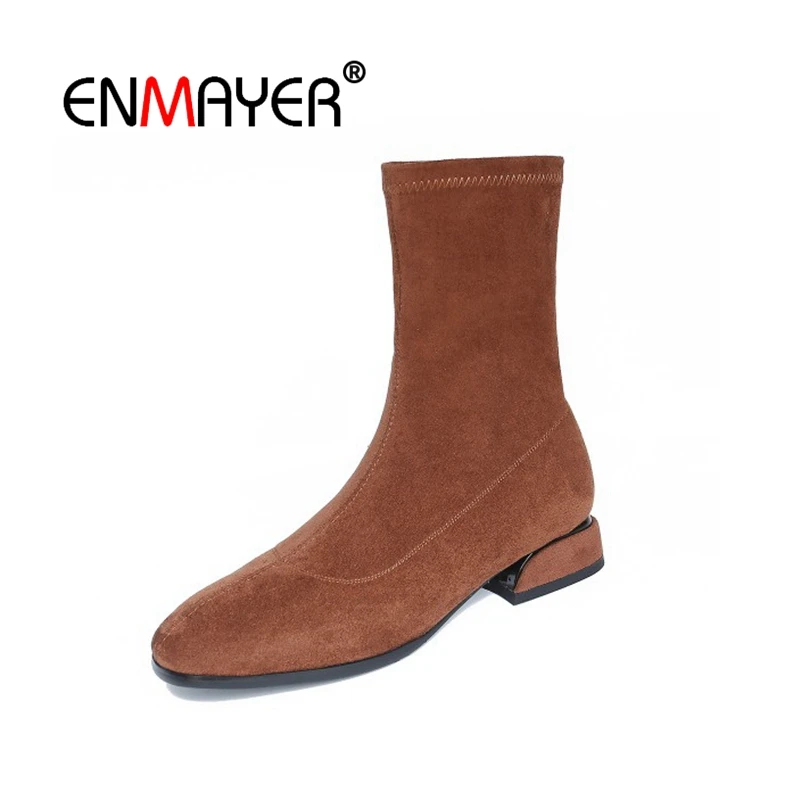 

ENMAYER Woman Ankle boots Winter Pointed toe Short boots Black Size 34-43 Causal Cow Leather High heels Thick hees Zipper CR1850