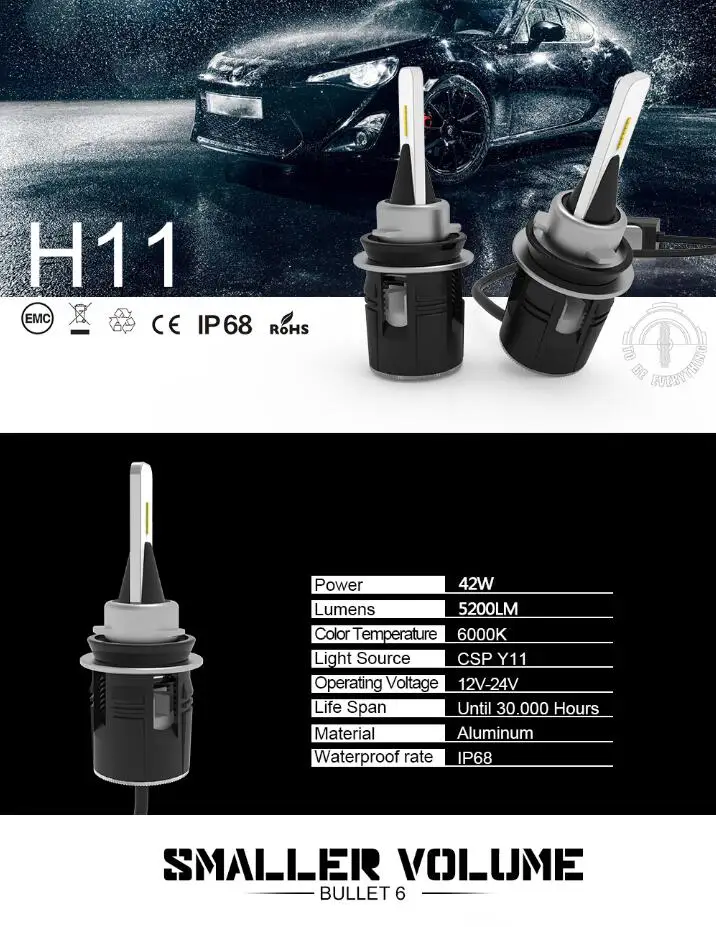 1 компл. H7 пуля B6 светодиодный фар Тонкий Conversion Kit 42 Вт 5200lm csp y11 чипы все-в- один чистый белый 6000 К вождение автомобиля лампы накаливания