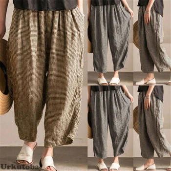 

Women Elastic Waist Casual Wide Legs Baggy Loose Plaid Pants Woman Trousers Female Plaid Plus Size Trousers