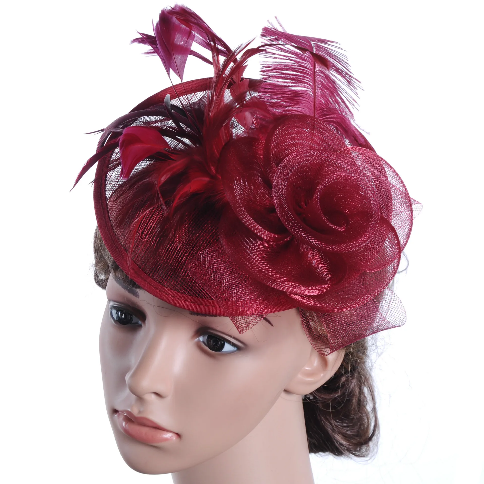 Banquet Party Fedoras Hat Women Ladies Day Royal Ascot Sinamay Fascinator Cap European American Bride Headdress Girls Hats H7108 - Color: WineRed