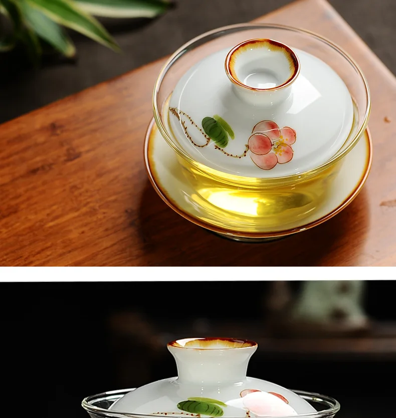 Ручная роспись керамический гайвань Sancai Крышка Чаша термостойкий стеклянный чайный набор кунг-фу чайная чашка, чай чайник