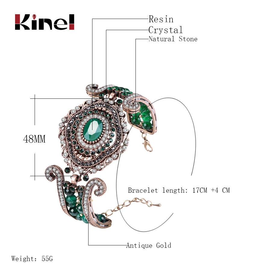 Kinel роскошный винтажный Большой браслет Зеленый Натуральный Камень Кристалл бусины браслет для женщин Мода Античное золото индейка ювелирные изделия подарок