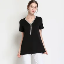 Новые летние модные дамы v-образным вырезом бисером футболка Короткие рукава женские повседневные футболки большие размеры Топы S-XXXXXL 5XL