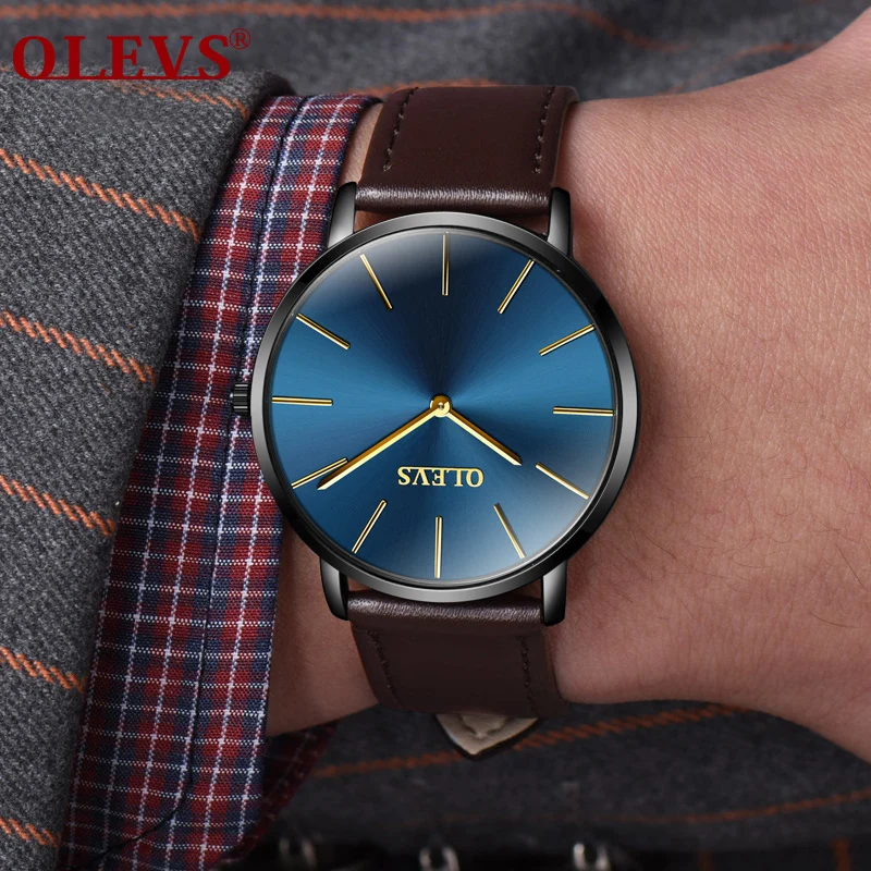 超薄型腕時計黒革 OLEVS メンズ腕時計トップブランドの高級腕時計男性 