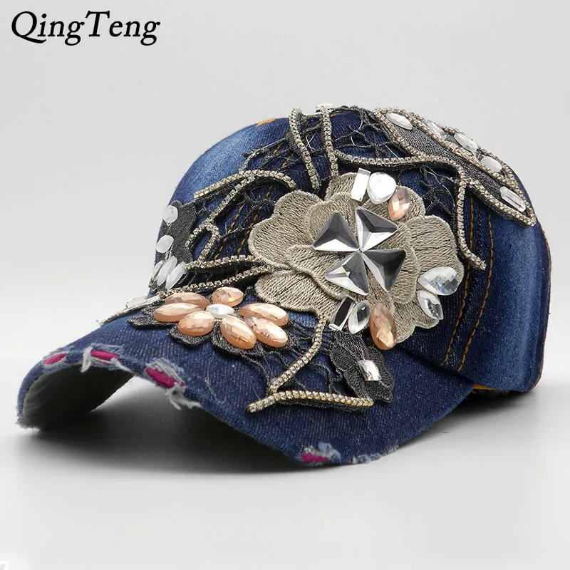 

Vintage Luxury Rhinestones Woman Cowboy Baseball Cap Flower Pattern Gorras Female High Quality Glass Diamonds Hip Hop Hat
