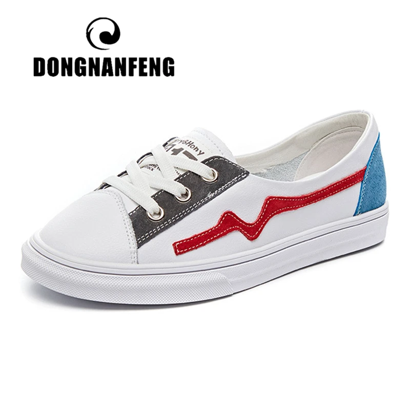 

DONGNANFENG Female Ladies Students Gril Women Genuine Leather White Shoes Flats Korean Lace Up Vulcanized Shoes 35-39 YGFF-616