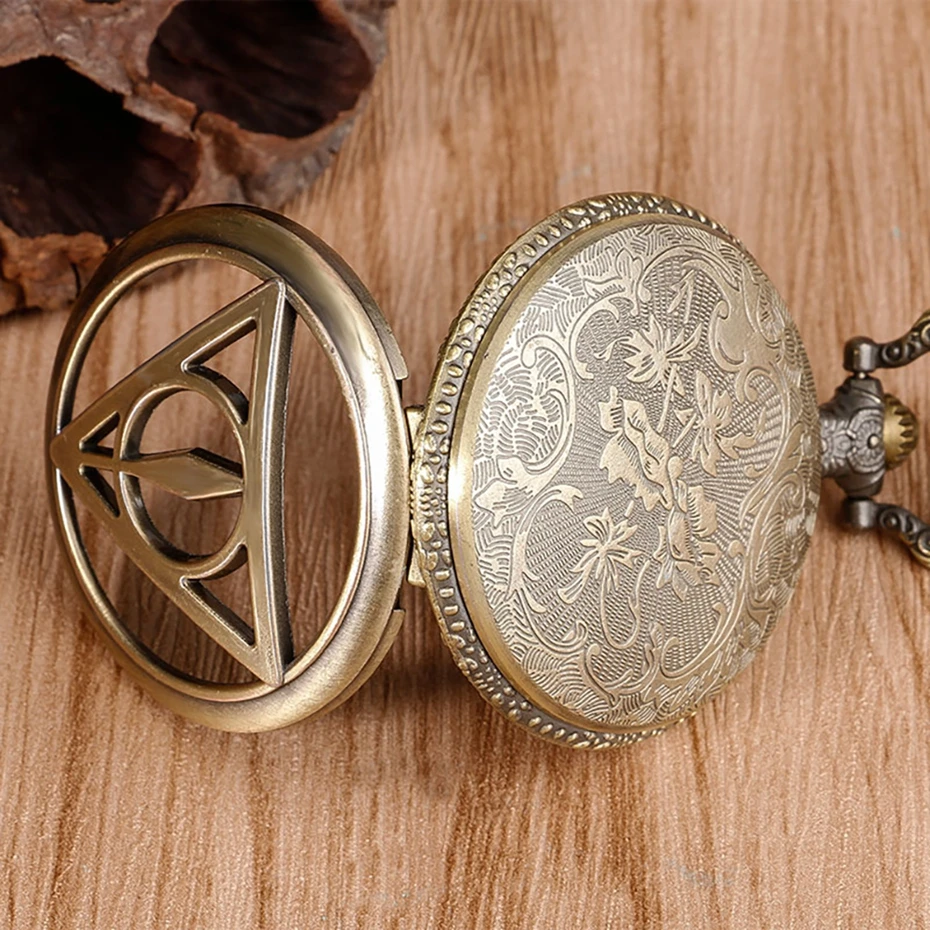 Bronze Retro Triangle The Deathly Hallows Lord Analog Harry Potter Quartz Pocket Watch Men Women Children Necklace Birthday Gift 2018 2019 (27)