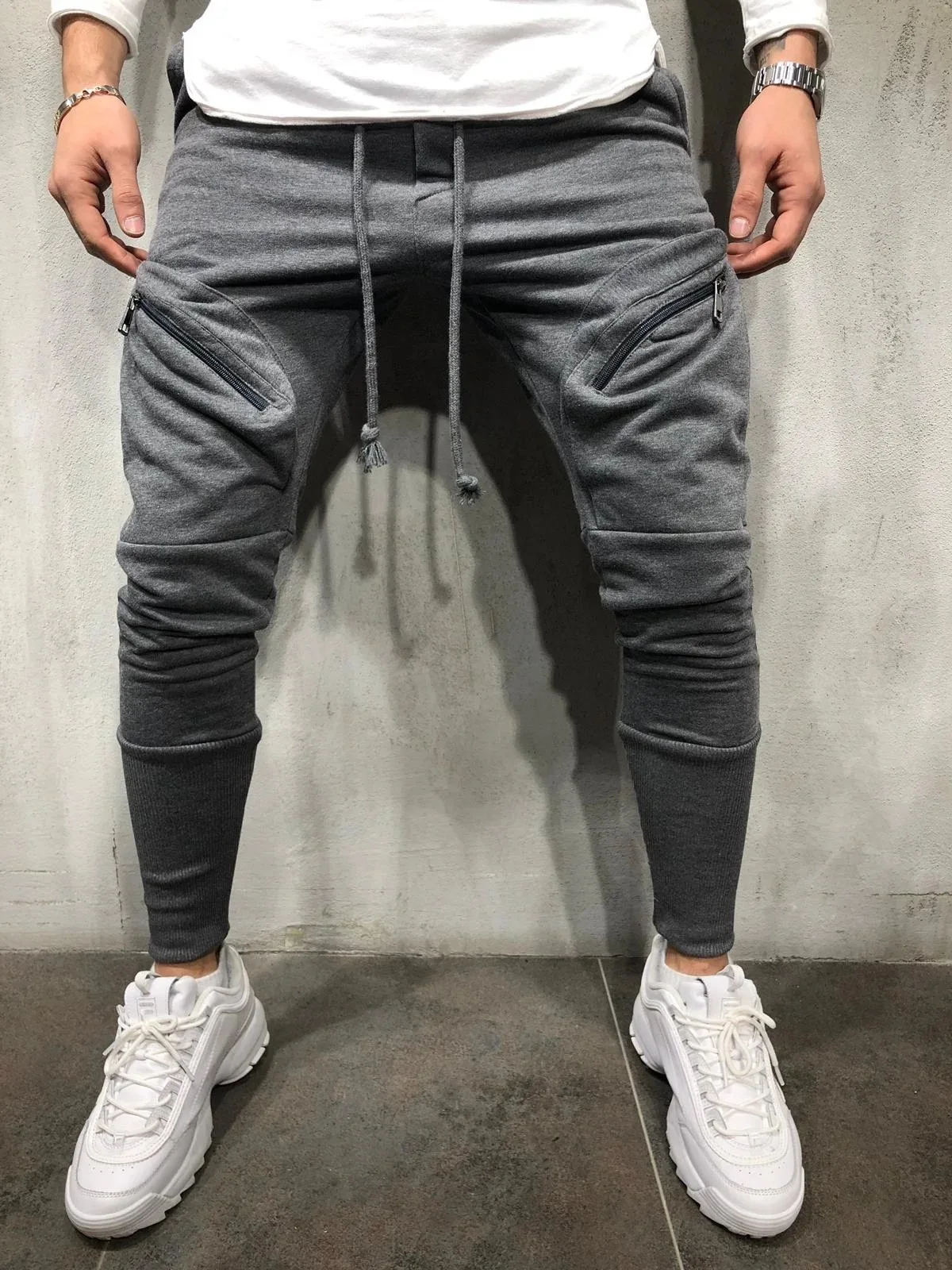 Мужские спортивные новые хлопковые повседневные дизайнерские брюки новые узкие спортивные брюки с карманами штаны для бега M-3XL - Цвет: Серый