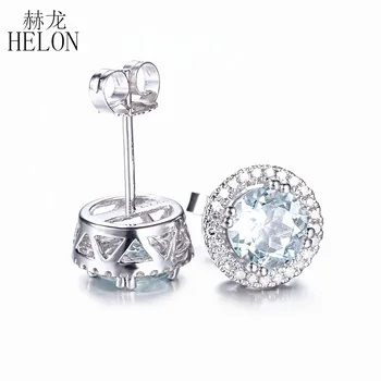 

HELON Diamond Earrings Solid 14K White Gold Stud Earrings Certified Round 6mm Aquamarine Gemstone Jewelry Earring For Women Gift