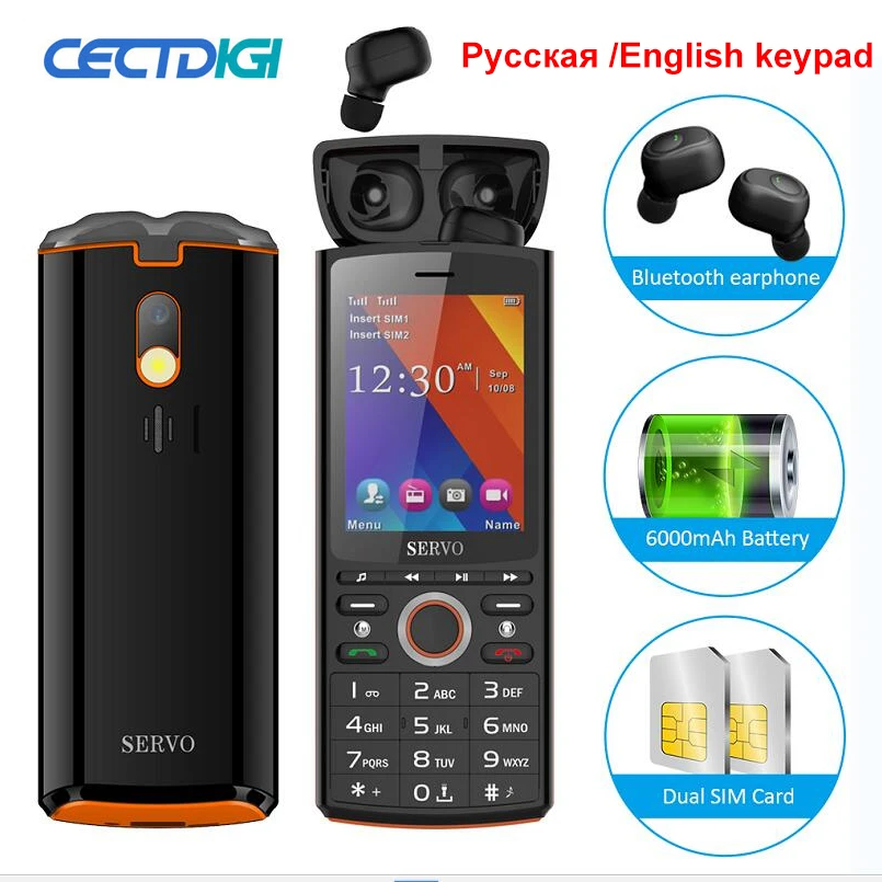 Bluetooth наушники fm фонарь клавиатура Servo телефон R25 2 8 дюймов 6000 мАч power Bank 2G GSM