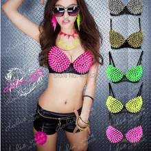 Ladygaga яркие флуоресцентные цвета с заклепками акриловый бюстгальтер со стразами нижнее белье DJ сексуальные шеста танец живота вечерние для танцора DS костюмы