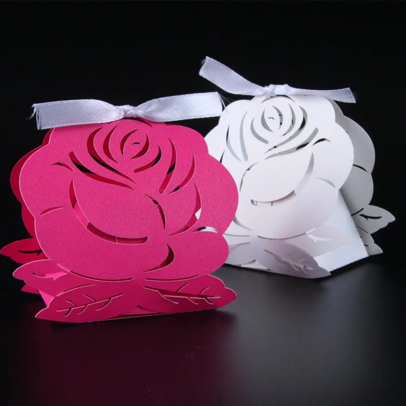 

50pcs Dark Rose Pink/White Big Rose Flower Laser Cut Candy Box Wedding Favor Gift Box Wedding Favor And Gift Wedding Decoration