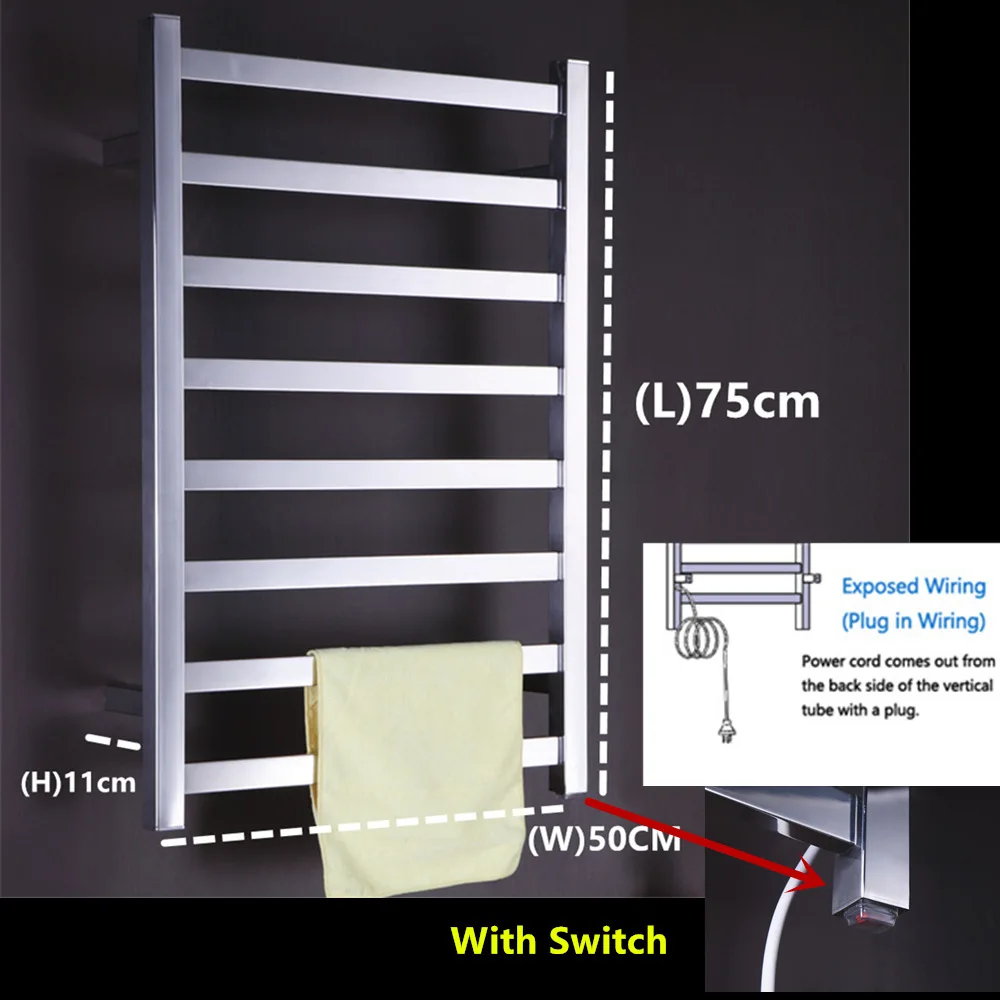 Настенный полотенцесушитель из нержавеющей стали/сушилка, аксессуары для ванной комнаты, полотенцесушитель TW-RT7 - Цвет: Plug with switch