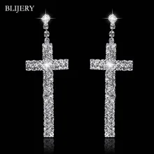 BLIJERY, модные свадебные длинные серьги в форме Креста с кристаллами, стразы серебряного цвета, свадебные Висячие серьги для женщин, ювелирные изделия, подарки