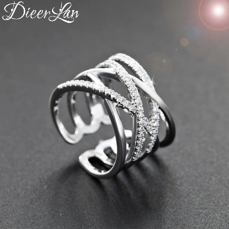 

DIEERLAN New S925 Sterling Silver Crystal Cross Rings for Women Fashion Adjustable Size Layer Ring Gifts Party Jewelry Anillos
