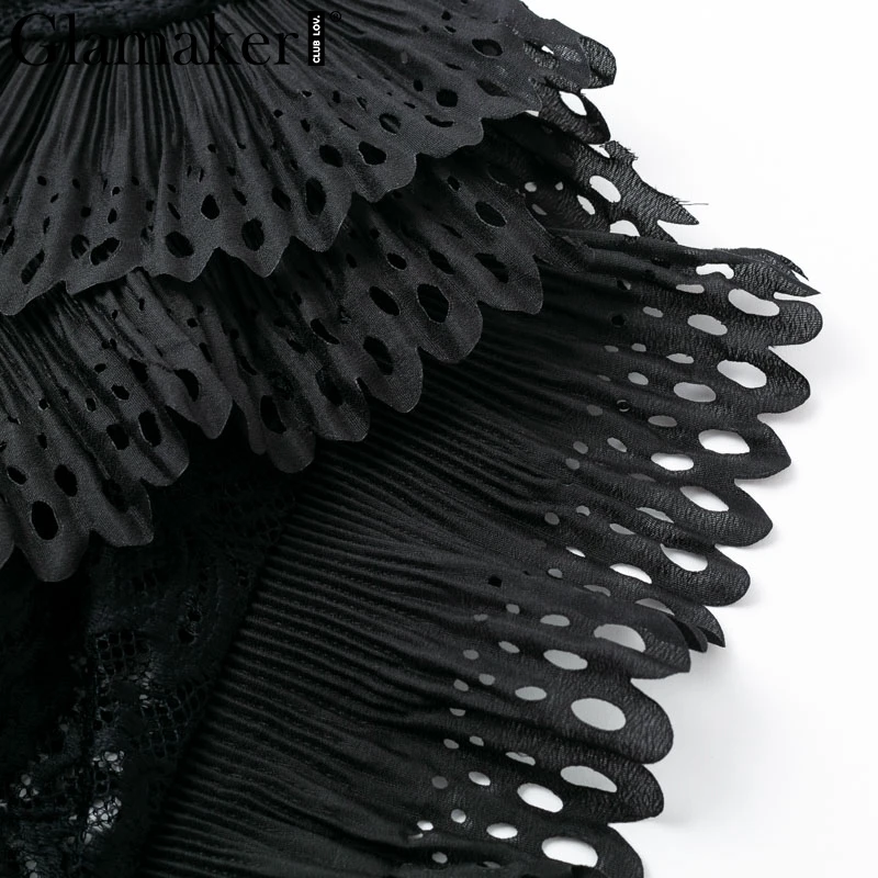 Glamaker Black mesh ruffle transparent lace bodysuit Women sexy long sleeve bodysuit Female winter embroidery hollow jumpsuit
