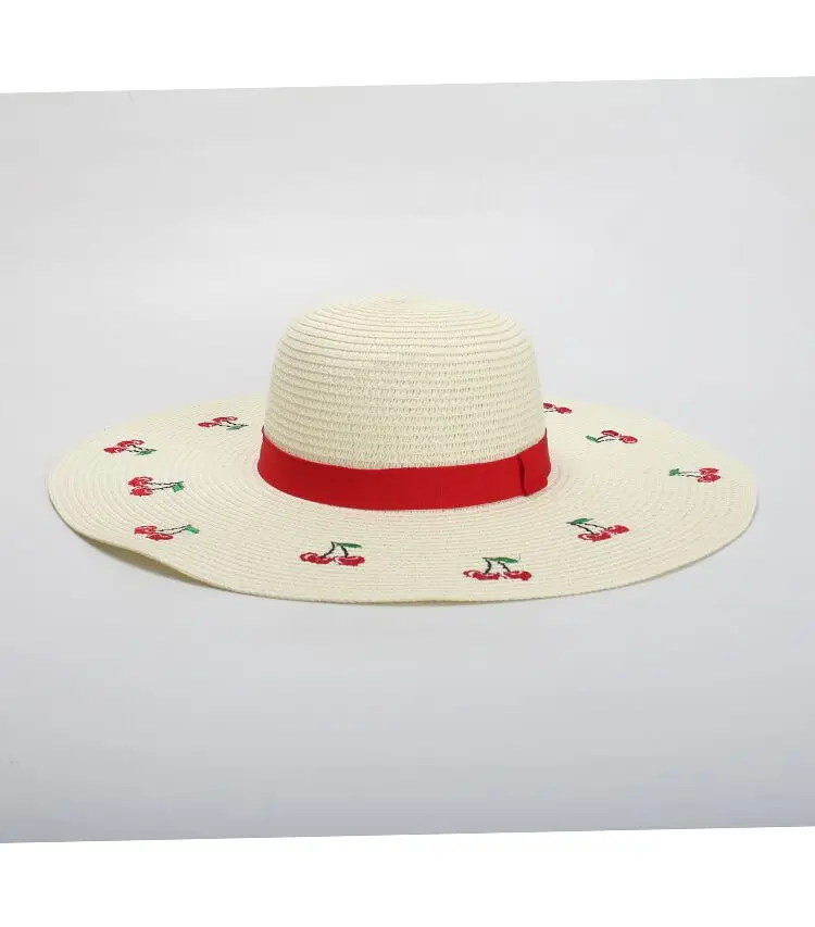 Ymsaid, уличные шляпы с вышивкой вишни и большими полями, соломенные шляпы для женщин, летние Панамы, женские пляжные шляпы - Цвет: Milk white