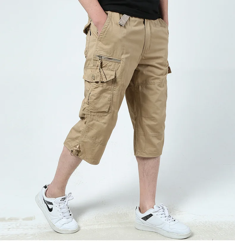 Три четверти одноцветные штаны повседневные новые стильные мужские короткие штаны с несколькими карманами хлопковые укороченные штаны Свободные рабочие модные штаны
