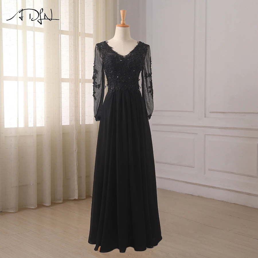 Aliexpress Buy ADLN Black Long Sleeves Prom Dresses V Neck Beaded Applique Chiffon Formal 