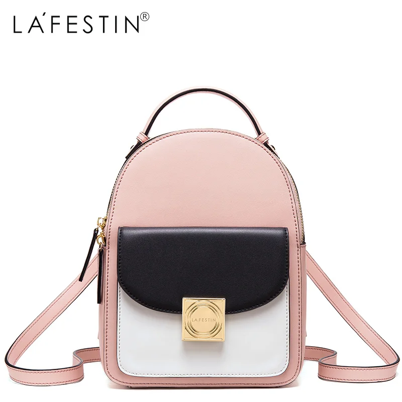 LAFESTIN Leather Backpack Panelled Women Canvas Zipper Style Backpack Girls School Bags Genuine Leather Back Backpack