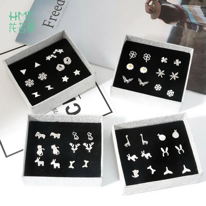 

6 Pairs/lot Punk Fashion Stud Earrings Set For Women Elegant Mixed Style Cute Flower Animal 925 Sterling Silver Earings Jewelry