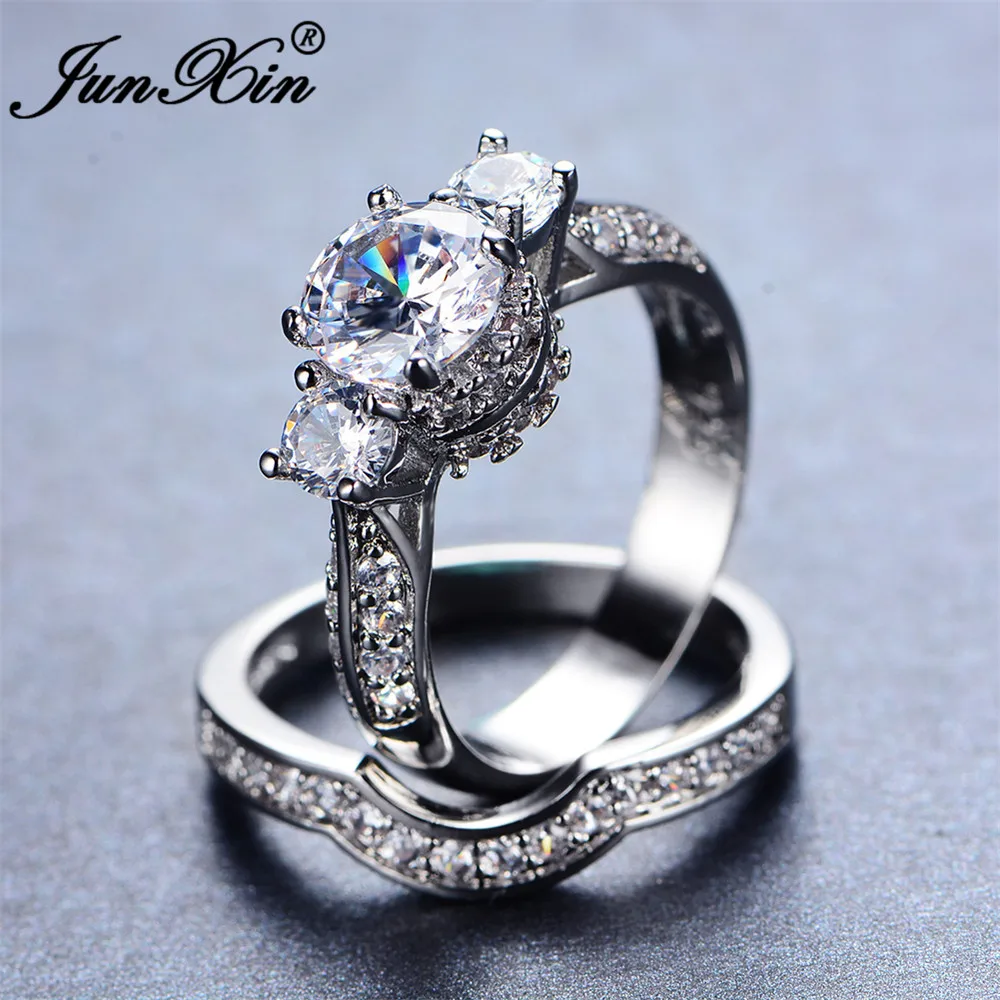

JUNXIN Vintage Female Flower Ring Set With White AAA Zircon Fashion Finger Ring Promise Engagement Rings For Women Jewelry Gifts