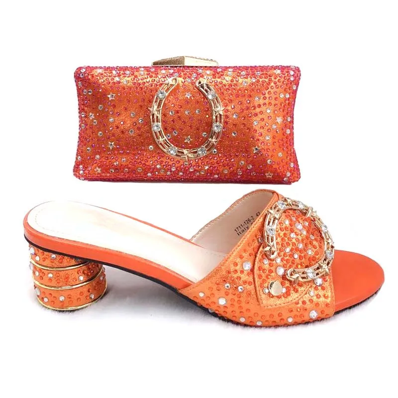 

Luxury orange with stones lady pump shoes with purse bag set for wedding/party 33221-99 heel height 7cm