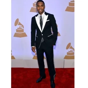 

New mens classic suits Black Men's Suits Groom Wedding Tuxedo Formal Dinner White Stripe Pants Suit