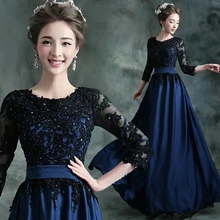 Großhandel Lange Abendkleid 2016 Blau mit Schwarzer Spitze Stickerei 3/4 Ärmeln Bankett Mutter der Braut Kleider plus größe