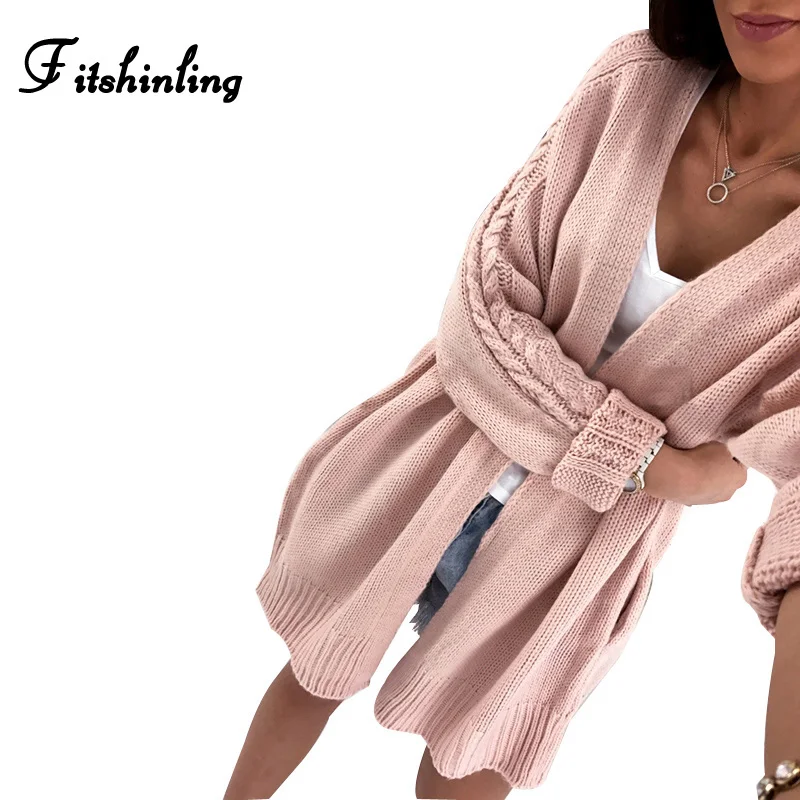 Fitshinling Новое поступление свитера кардиганы для женщин твист розовый длинный жакет женский трикотаж длинный рукав вязаный кардиган распродажа