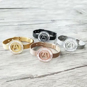 

4 Pieces Copper mirco pave cz zircon letter A Pendants,Chic circle charms big initials Strap bracelet jewelry For women BG185