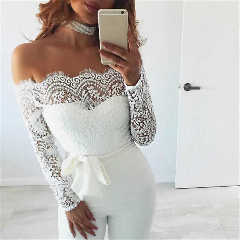 

Elegant Off shoulder Lace Rompers Womens Summer Jumpsuit Sexy Ladies Casual Long Trousers Overalls White Jumpsuits 2018