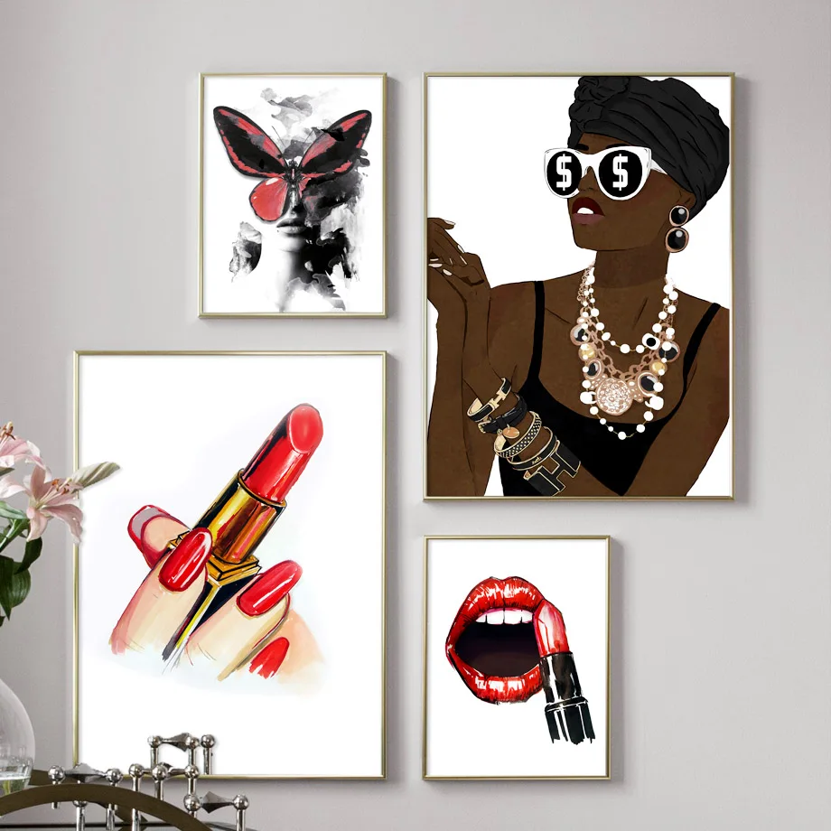 

Fashion Girl Model Lipstick Butterfly Wall Art Canvas Painting Nordic Posters And Prints Wall Pictures For Living Room Decor