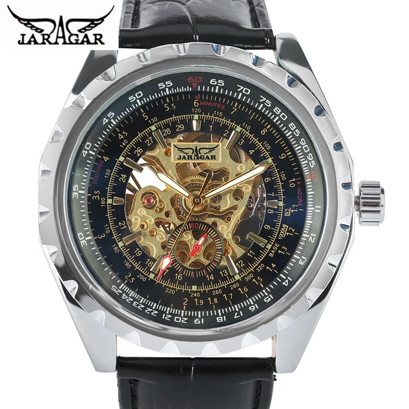 JARAGAR Brand Luxury Men Gold Hollow Skeleton Mechanical Watch Male Automatic Genuine Leather Military Watch Men 4