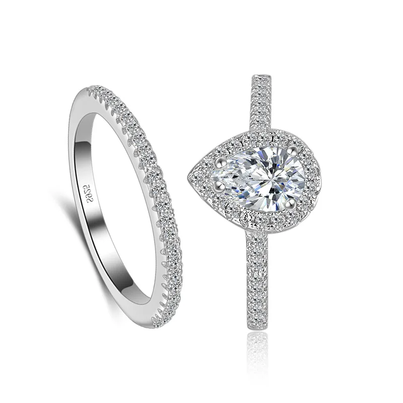 2pcs Silver Rings set Jewelry Teardrop Zircon CZ Diamant Engagement Ring Women 925 Sterling Silver Wedding Rings set for women
