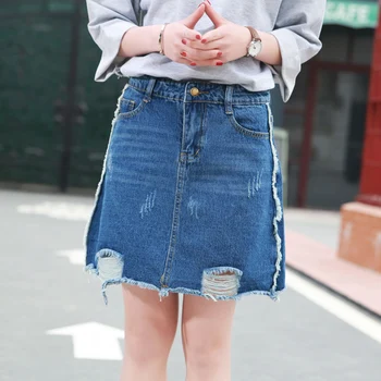 

Summer A Line Denim Skirt Mini Distressed Ripped Jeans Skirt For Women Side Tassel Bodycon High Waist Blue Jeans Skirt Female