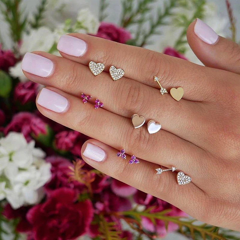 

6 Pairs / Set Classic Crystal Gem Heart Triangle Arrow Shiny Gold Earrings Set Female Fashion Temperament Valentines Day Gift