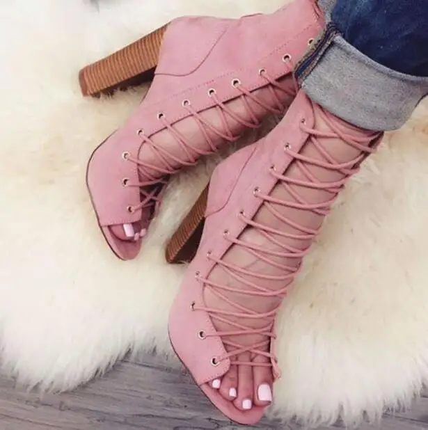 

Peep Toe High Heel Women Pumps Gladiator Cover Heel Lace Up Shoes Kid Suede European Stylish Runway Star Shoes Femme Sandals
