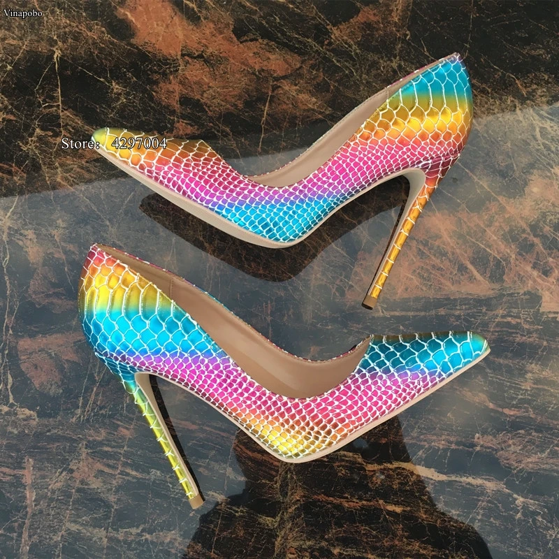 New Pointed Toe Shoes Women Colorful Rainbow Snake Printed Pumps 8/10/12cm High Heels Genuine Leather Stilettos Women Shoes