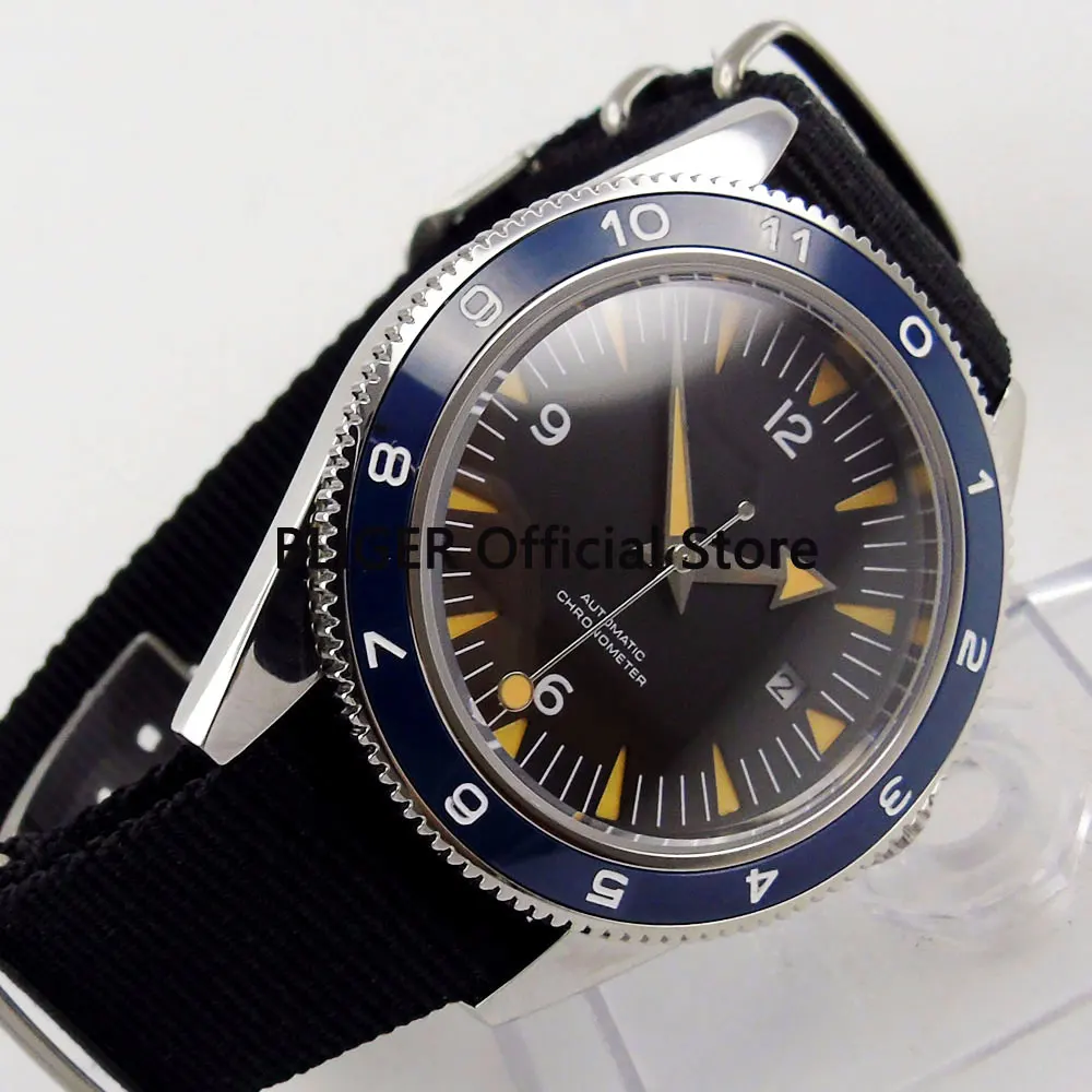 

Solid 41mm Black Sterile Dial Blue Ceramic Rotating Bezel Luminous Marks Date Display Sapphire Automatic Movement Men's Watch