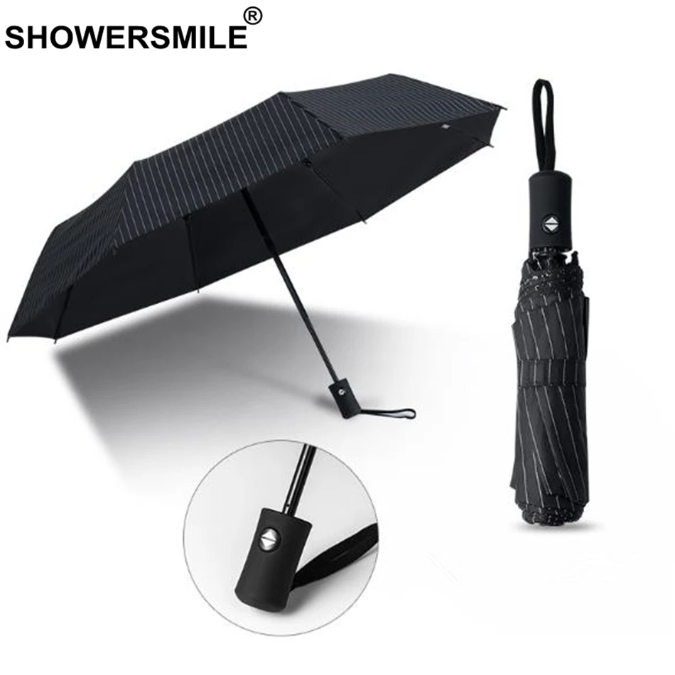 

SHOWERSMILE Umbrella Automatic Folding Rain And Sun Umbrellas Windproof Foldable Men Black Striped Gentleman Parasol Paraguas