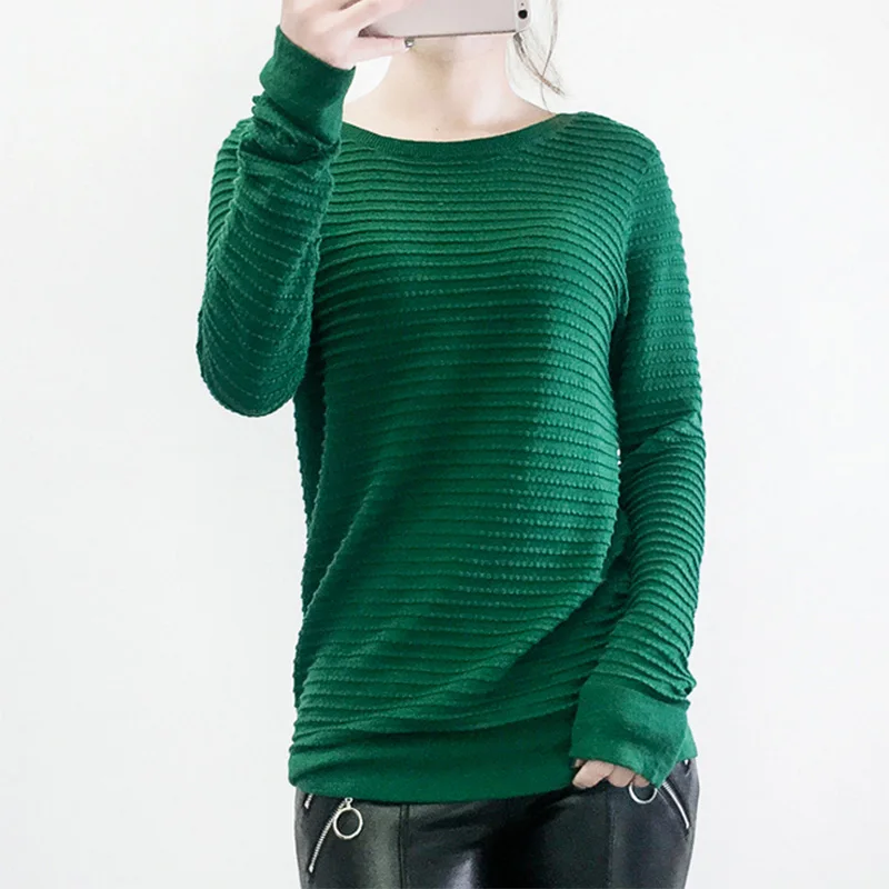 Green O neck Pullover Long Sleeve Stereo Striped Sweater