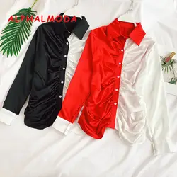ALPHALMODA 2019 весна мода блок цветные рубашки Turn-Down Воротник однобортный сложенный плиссированные женские стильные рубашки