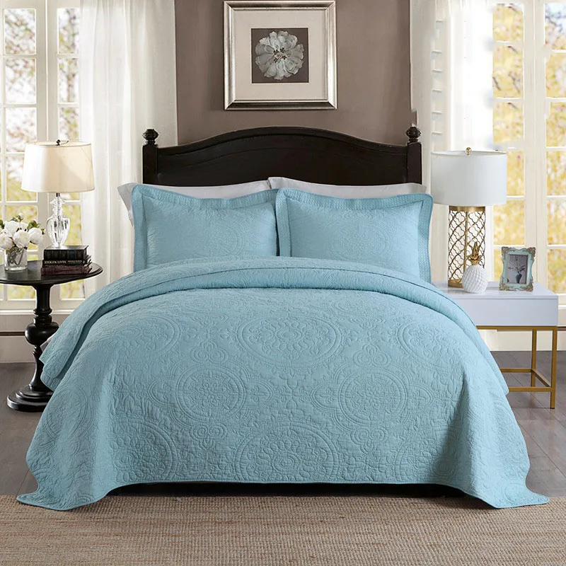 

CHAUSUB Quality Washed Cotton Quilt Set 3PC Embroidery Quilts Bed Cover Quilted Bedspread Coverlet Set Pillowcase King size Blue