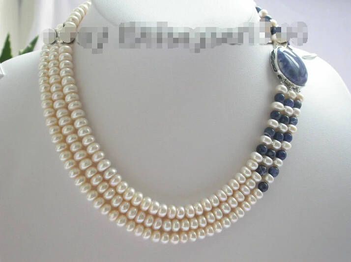 

Free shipping >>>>>>3rows Natural White Pearl&Lapis Lazuli Necklace!