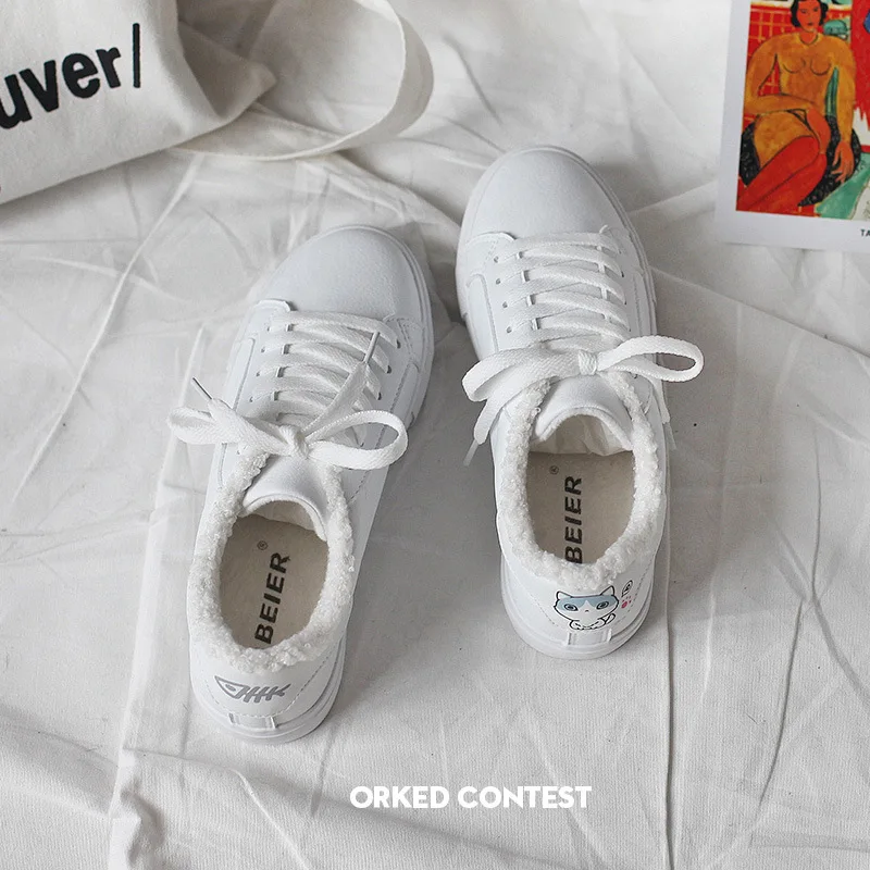 

Warm women's casual shoes 2018 White Shoes Woman Fashion Flats Platform Sneaker Lady Autumn Winter Low top footwear chaussure