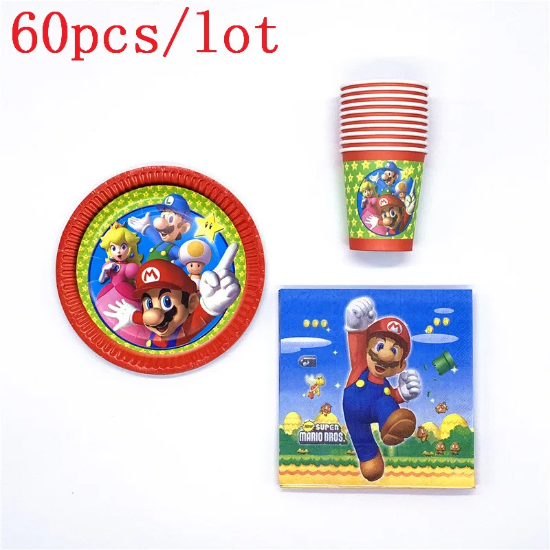 60 шт./партия, 20 шт. салфетка с изображением супер Марио+ 20 шт. чашка+ 20 шт. тарелка для мальчиков и девочек на день рождения, украшение душевой кабины