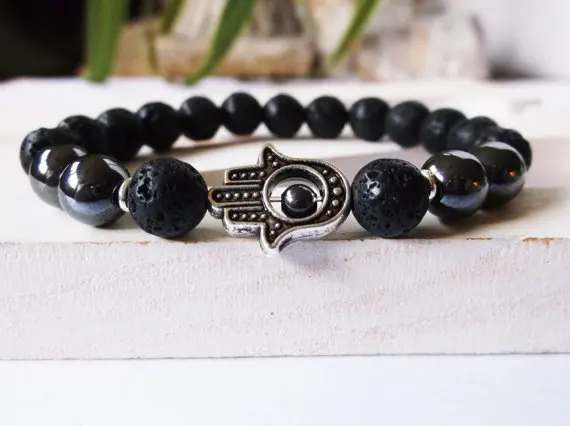 

Hematite and lava rock bracelet. Natural stone bracelet. Spiritual for protection. Wrist mala for men or woman